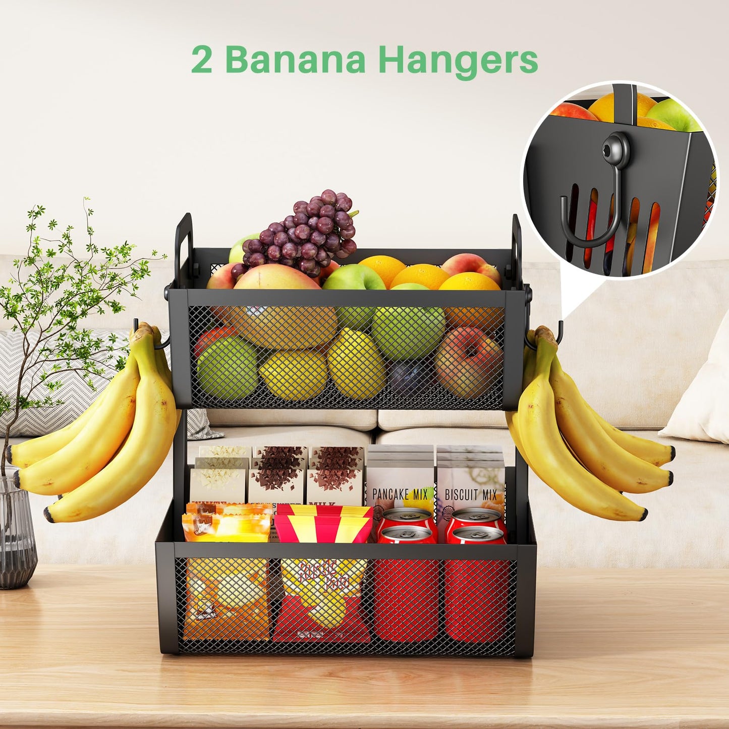 SAYZH Fruit Basket Bowls For Kitchen Counter with Banana Hangers - Detachable Metal Mesh Basket Fruit Stand with Handle - Kitchen Vegetables Bread Snacks Storage Organization, 2 Tier Black