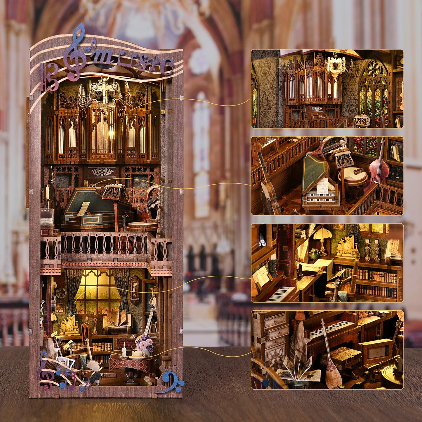 fifijoy Book Nook Kit - Timeless Melody DIY Miniature House Kit, 3D Wooden Puzzle Bookend Bookshelf with LED Light for Adults (Timeless Melody)