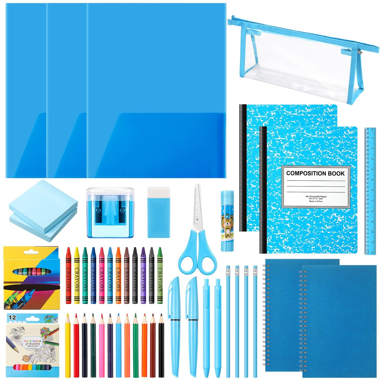 Watersay 48 Pcs School Stationary Set Essentials Bundle Include Folders Notebooks Rulers Scissors Pencils Pens and Much More Back to School Gifts for Students(Blue)