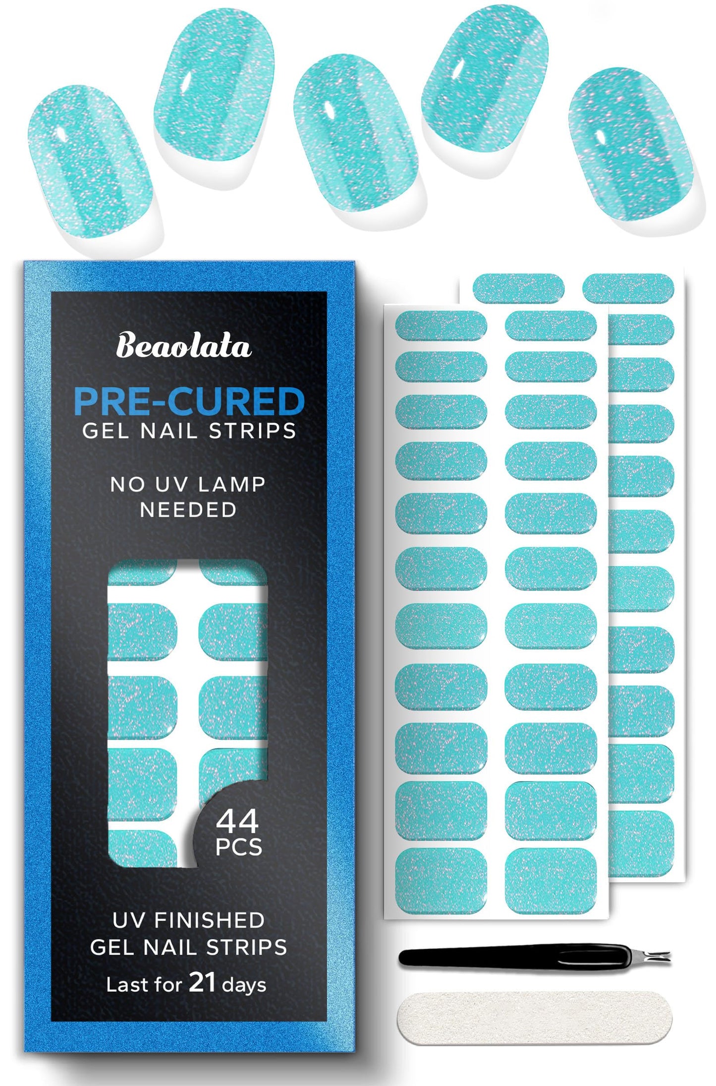 Beaolata Real Gel Nail Strips (No UV Light Needed) - 44Pcs Salon Quality Nail Stickers - Long Lasting Polish Wraps for Women, Easy Apply & Remove (Paraiba Tourmaline)