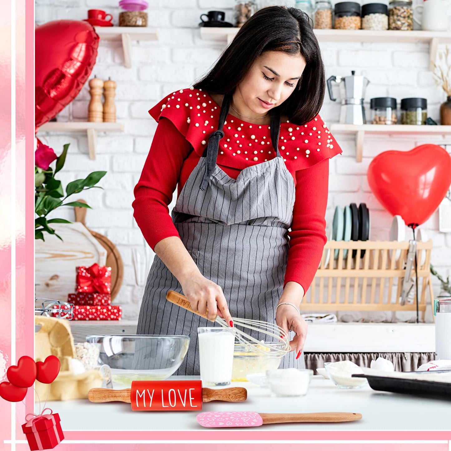 Fuutreo Valentines Holiday Mini Bake Set with Mini Spatula, Whisk and Rolling Pin, Sweetheart Pattern, Heat Resistant, Valentine Sweet Gift Bake Set for Baking Cooking Sauteing Mixing Serving Stirring