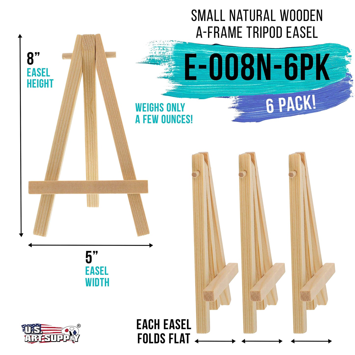 U.S. Art Supply 8" High Small Natural Wooden Easel (6 Pack), A-Frame Canvas Stand Tripod, Small Painting Easels - Tabletop Easel for Painting, Canvases, Student Crafts, Event Signs Photos