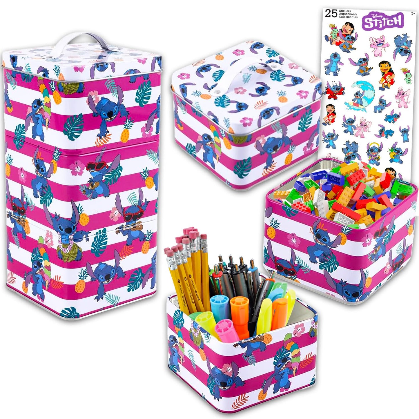 Disney Lilo & Stitch Pink Stack Store And Carry Stackable Tin Box Set - Bundle of Disney 3 Stack Storage Containers and Stickers | Stitch Canisters for Storage