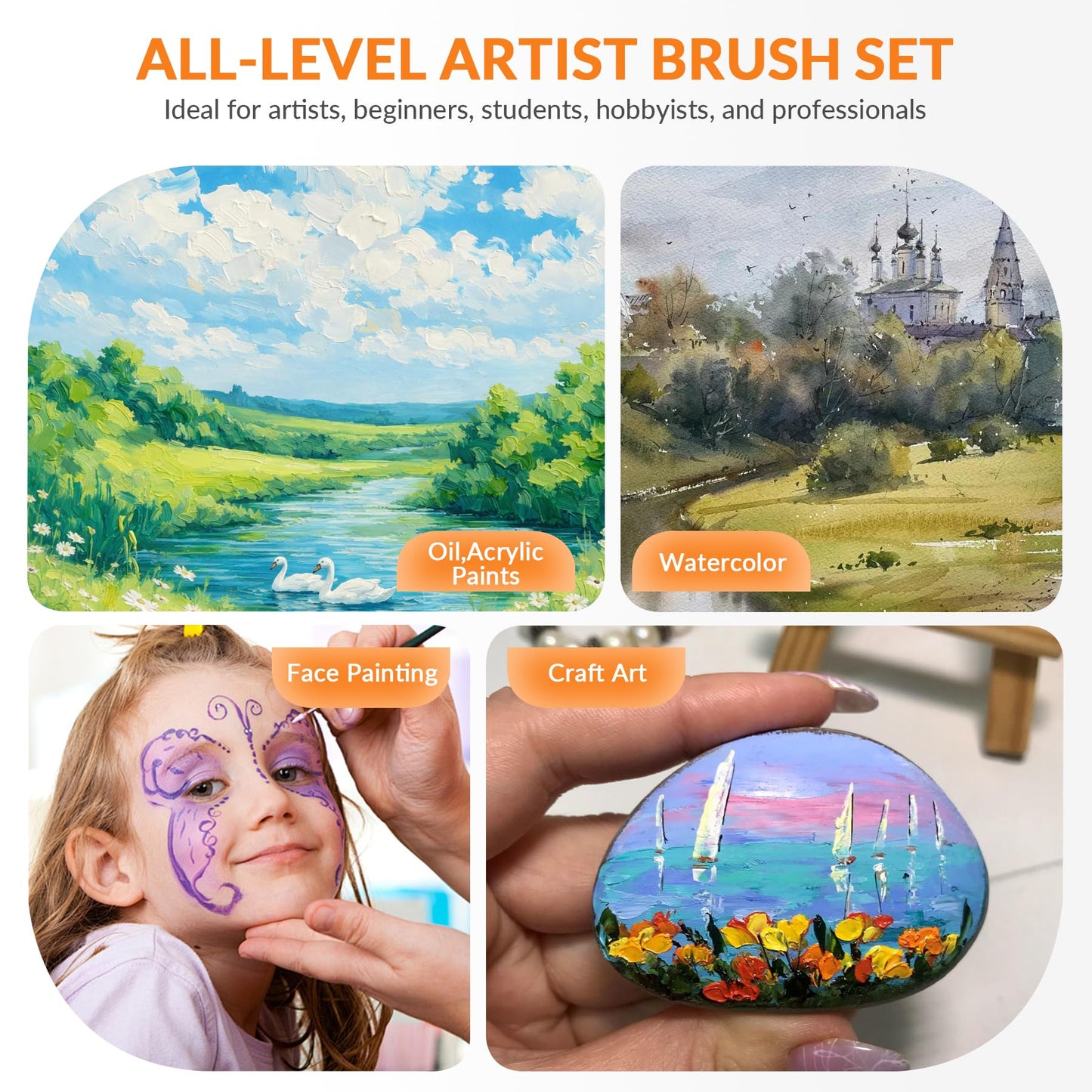 Bougimal 26pcs Paint Brush Set, Professional Acrylic Paint Brushes with Flat, Filbert, Fan, Dagger, Cat Tongue, Round, Palette Knife, Artist Paint Brushes for Acrylic Painting, Oil, Watercolor (Black)