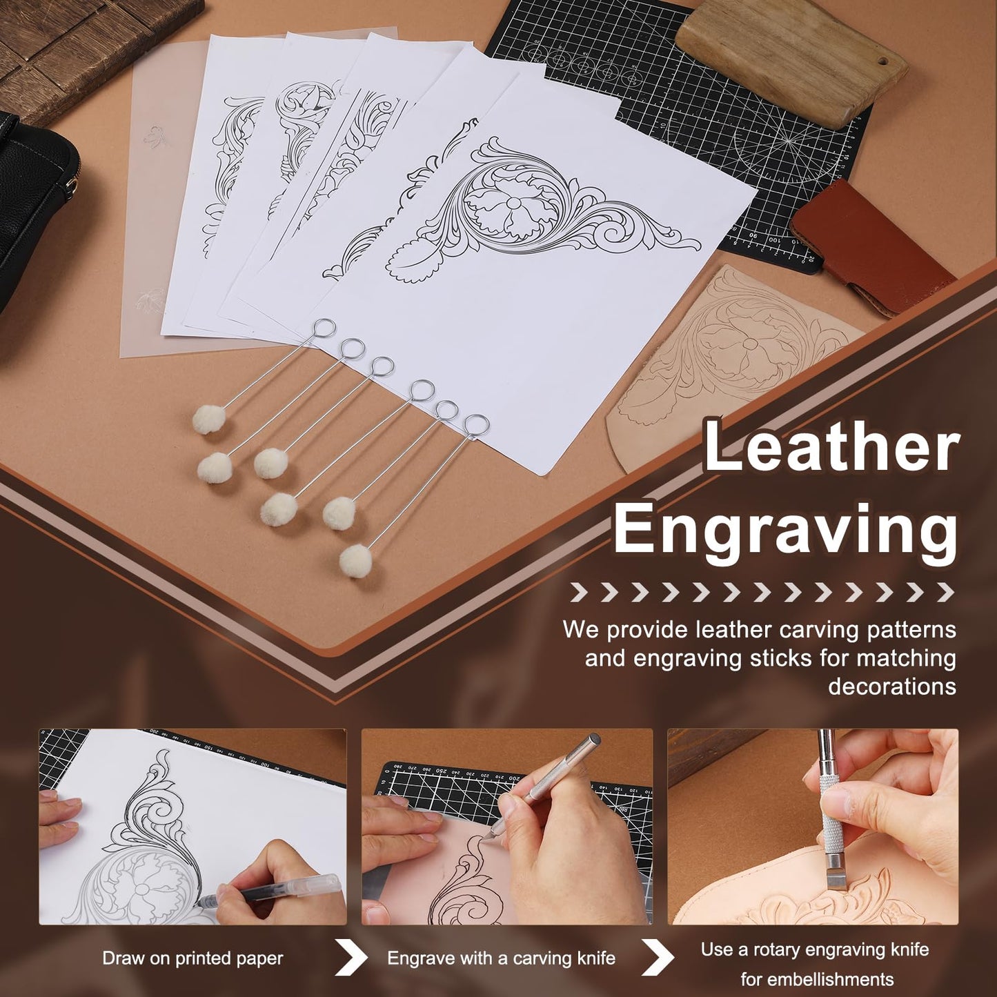 BUTUZE Leather Tools, Leather Crafting Kit with Leather Tool Rack, Leather Working Tools Kit for Adults and Tool Supplies for Carving, Stamping, Engraving, Sewing, Cutting, Punching and DIY Crafts