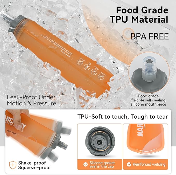 MARCHWAY Soft Hydration Flask with Wide Mouth, 300ml/500ml Collapsible TPU Water Bottle, Leakproof Portable Flexible for Running, Hiking, Cycling, Climbing, Gym, Travel (2pcs Orange 500ml)