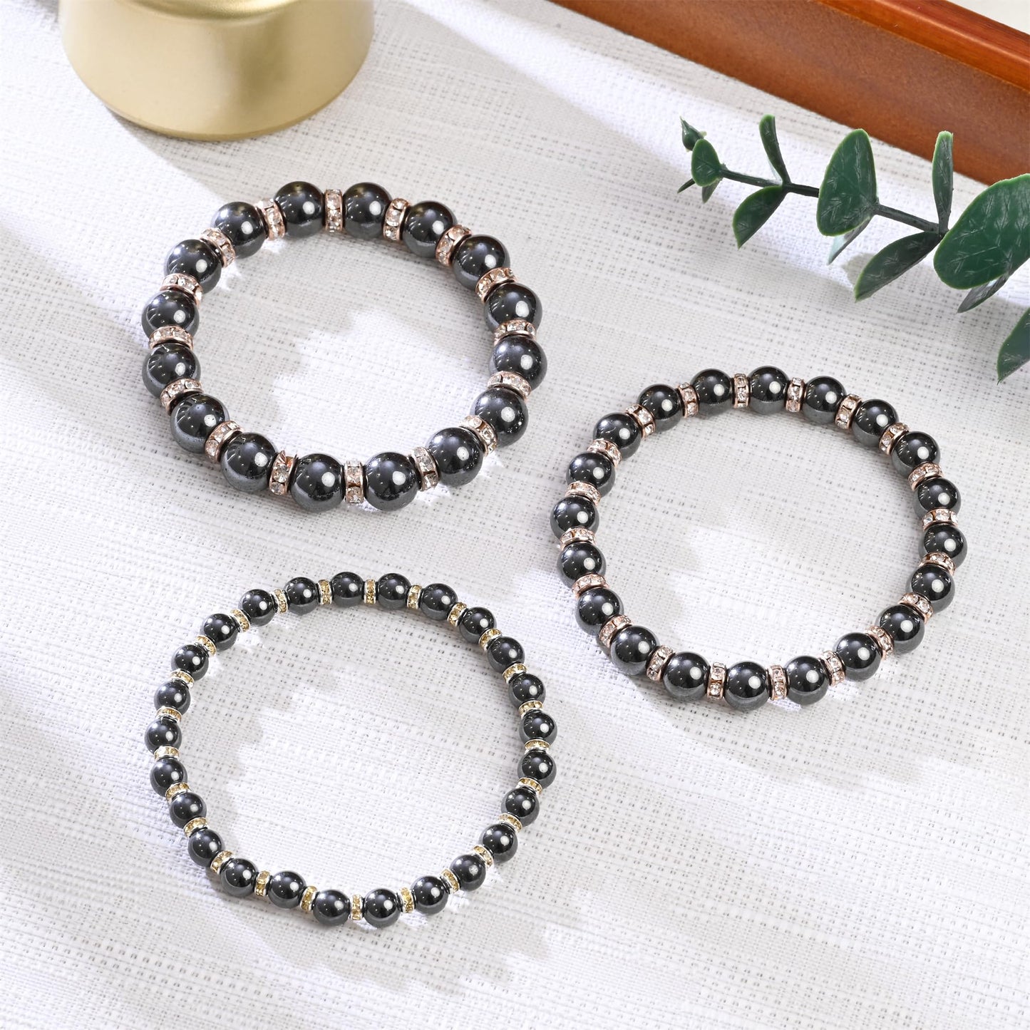 Apocalyptic-K Women's Magnetic Bracelet，Hematite Bracelets，Magnetic Bracelets With Zirconia,Handmade Stretch Bracelet，Eliminates static electricity. (Rose Gold Zirconia,6MM)