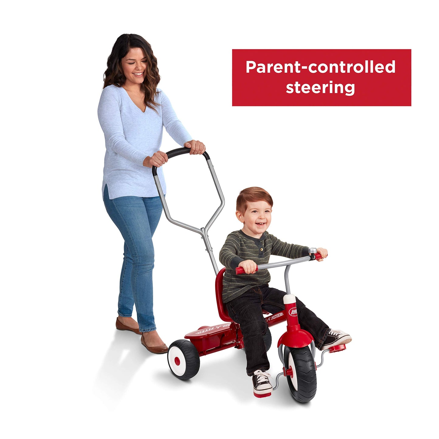 Radio Flyer Deluxe Steer & Stroll Trike, Red, for Kids 2-5, 2-in-1 Parent Steer Tricycle, Removable Push Handle, Adjustable Seat, Steel Frame, Covered Storage Bin, Tricycle for Toddlers and Kids