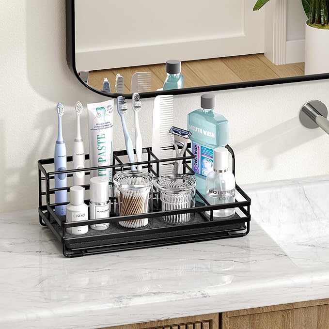 HapiRm Toothbrush Holders for Bathroom - 5 Partitions Bathroom Counter Organizer with Instant Drying Stone, Stainless Steel Countertop Storage Electric Toothbrush Toothpaste Holder - Black