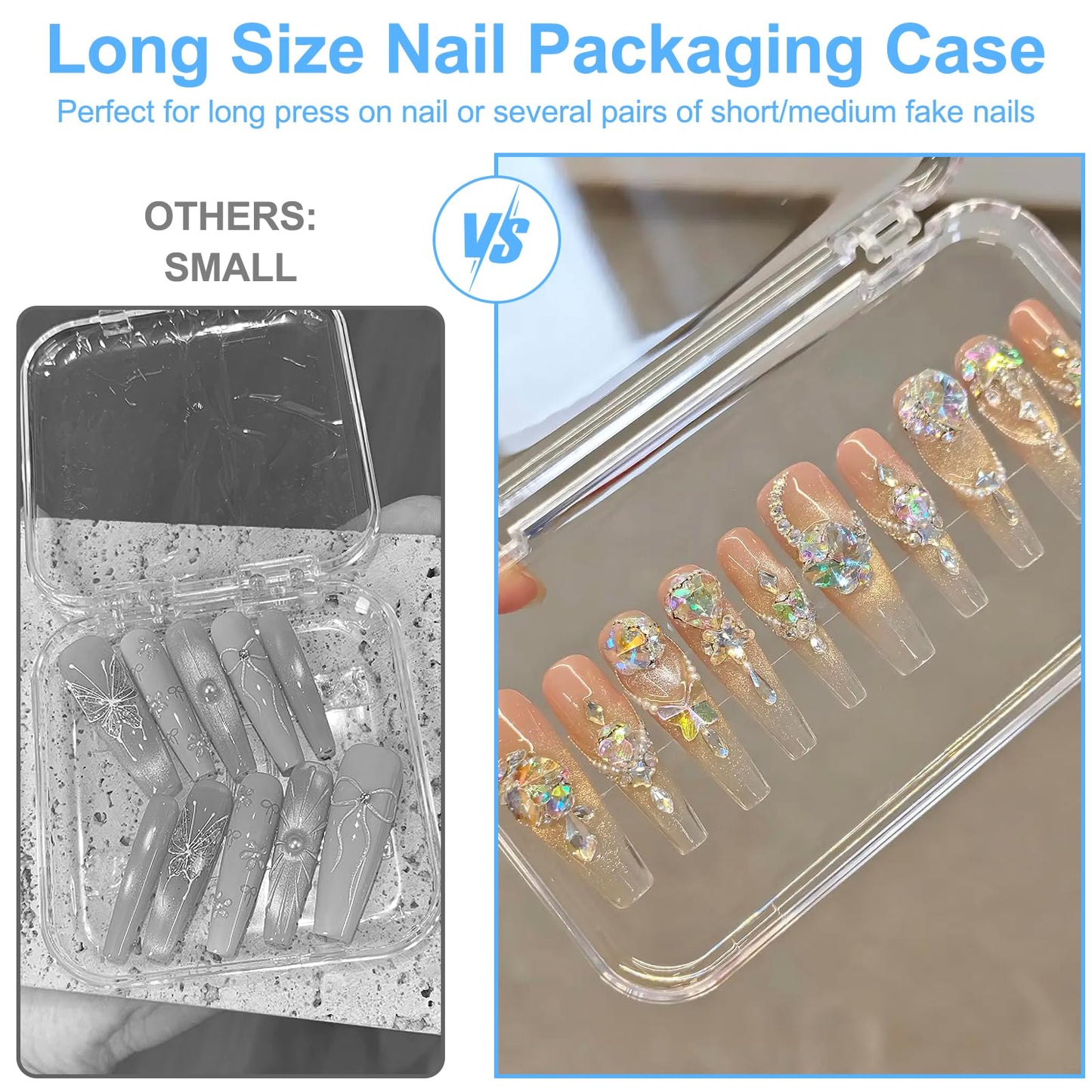 14Pcs Press On Nail Packaging Box Large,Press on Nail Storage Boxes for Press Ons Long, fit XL-3XL False Nail Display Cases with 60 Pcs Adhesive Tape, Plastic Clear Box for Fake Nails Storage Business