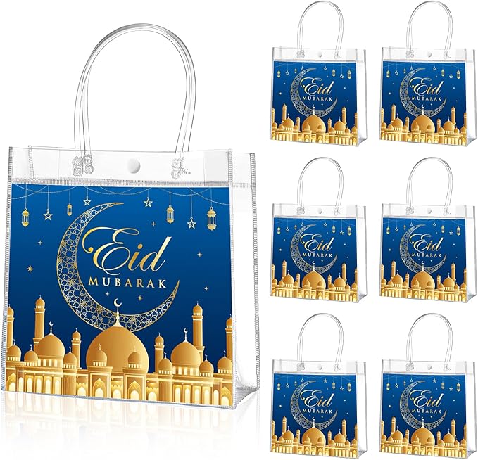 Aliceset 20 Pcs Eid Mubarak Gift Bags with Handles Clear Ramadan Goodie Bags for End of Ramadan Eid Mubarak Party Treats Candy Favors Supplies Decoration, 8x8x3.15 inches