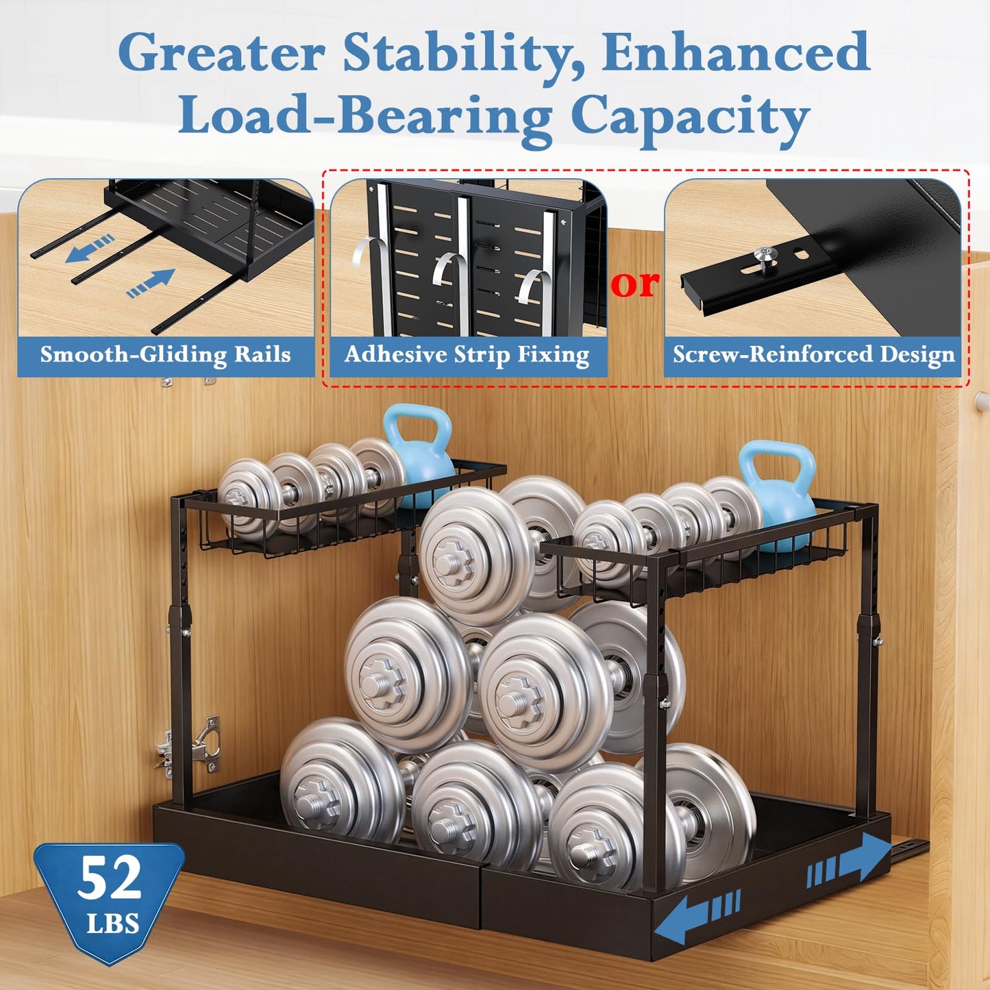 Aisslro Under Sink Organizer, 2 Tier Under the Sink Storage, Expandable Adjustable Slide Out Pull Out Under Cabinet Organizers Shelf, for Kitchen Bathroom Pantry Closet Organization, Black