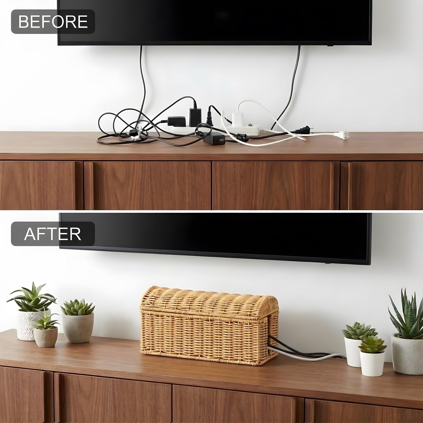 Handwoven Rattan Cable Management Box - Box to Hide Cords and Power Strip, Treasure-Box Dome-Top, Metal Baked Enamel Skeleton, Decorative Home Organizer