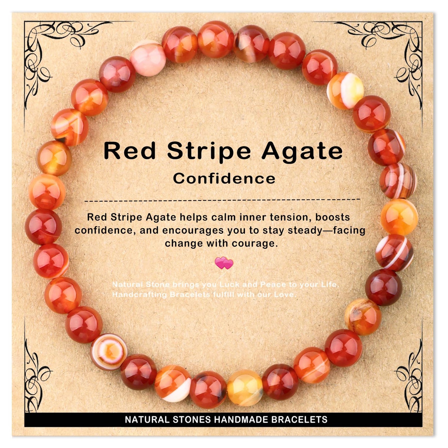 AD Beads 6mm Handmade Red Stripe Agate Elastic Bracelet – Natural Gemstone for Confidence – Meditation, Yoga, Healing and Energy Gift for Men Women