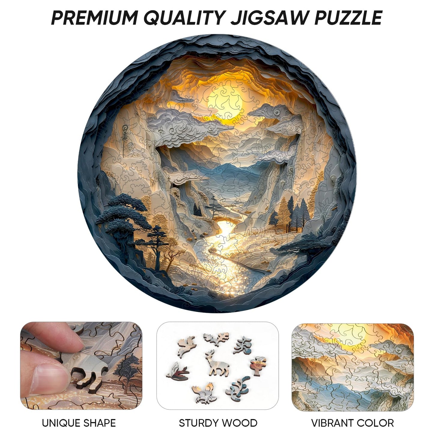 Qiuenisray 3D Vision Effect Sunset Wooden Puzzle 500 Piece, Mountains Rivers Bright Jigsaw Puzzle, FSC Certified Wood Puzzle, Beautiful Wall Decor, Creative Gift Family Game 16.5x16.5 in