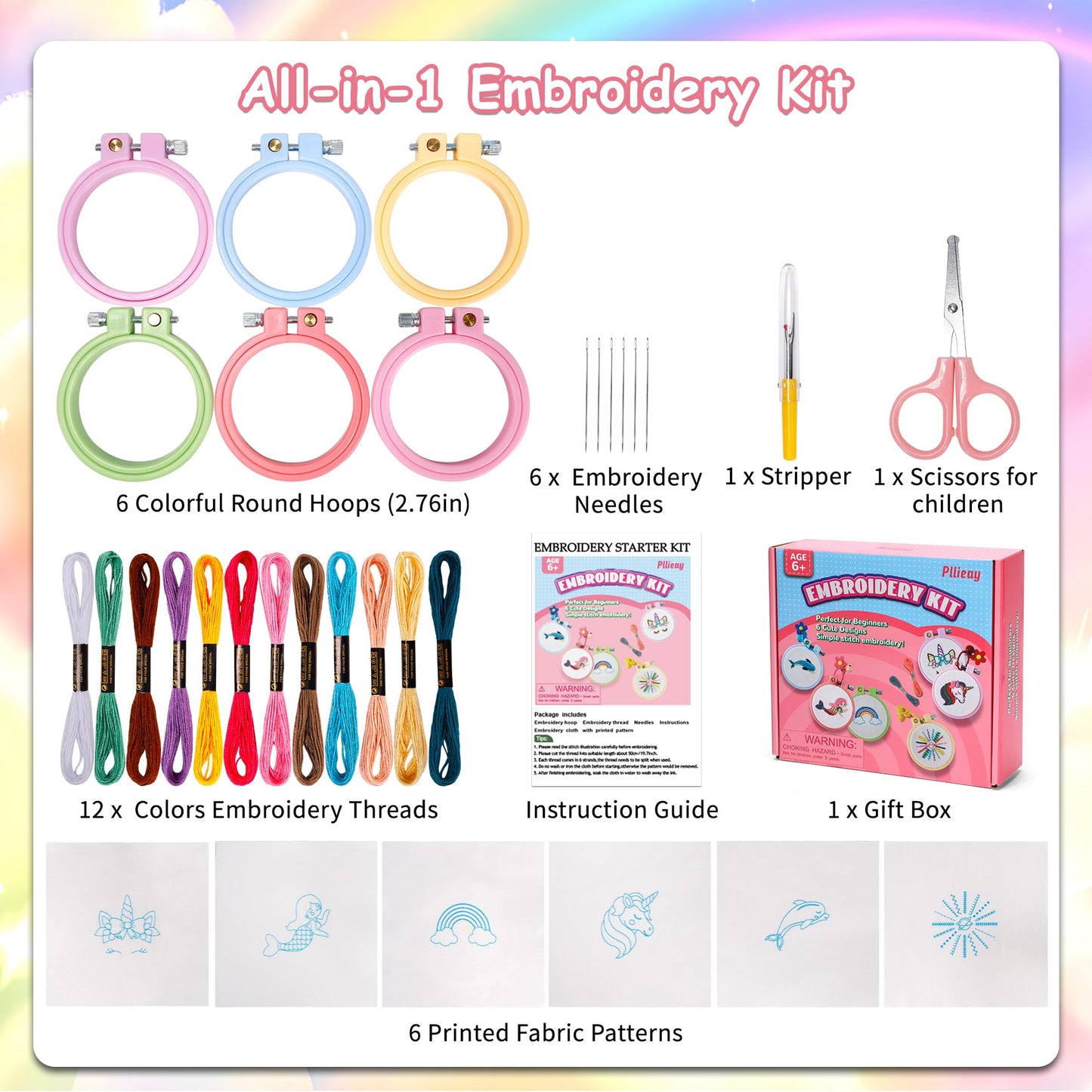 Pllieay 6PCS Embroidery Kit for Kids, Needlepoint Kits for Beginners with Pre-Printed Pattern, 6Pcs Hoop, Threads, Keychains and Instructions, Kids Cross Stitch Kits Supplies for Crafting