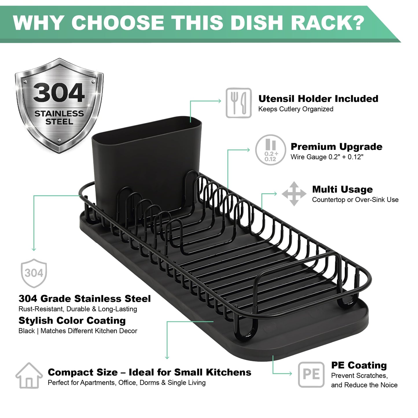 SunnyPoint 304 Stainless Steel NeverRust Compact Dish Drying Rack with Utensil Holder & Removable Drain Tray, Rustproof Small Dish Rack for Kitchen Countertop or Over Sink – Black