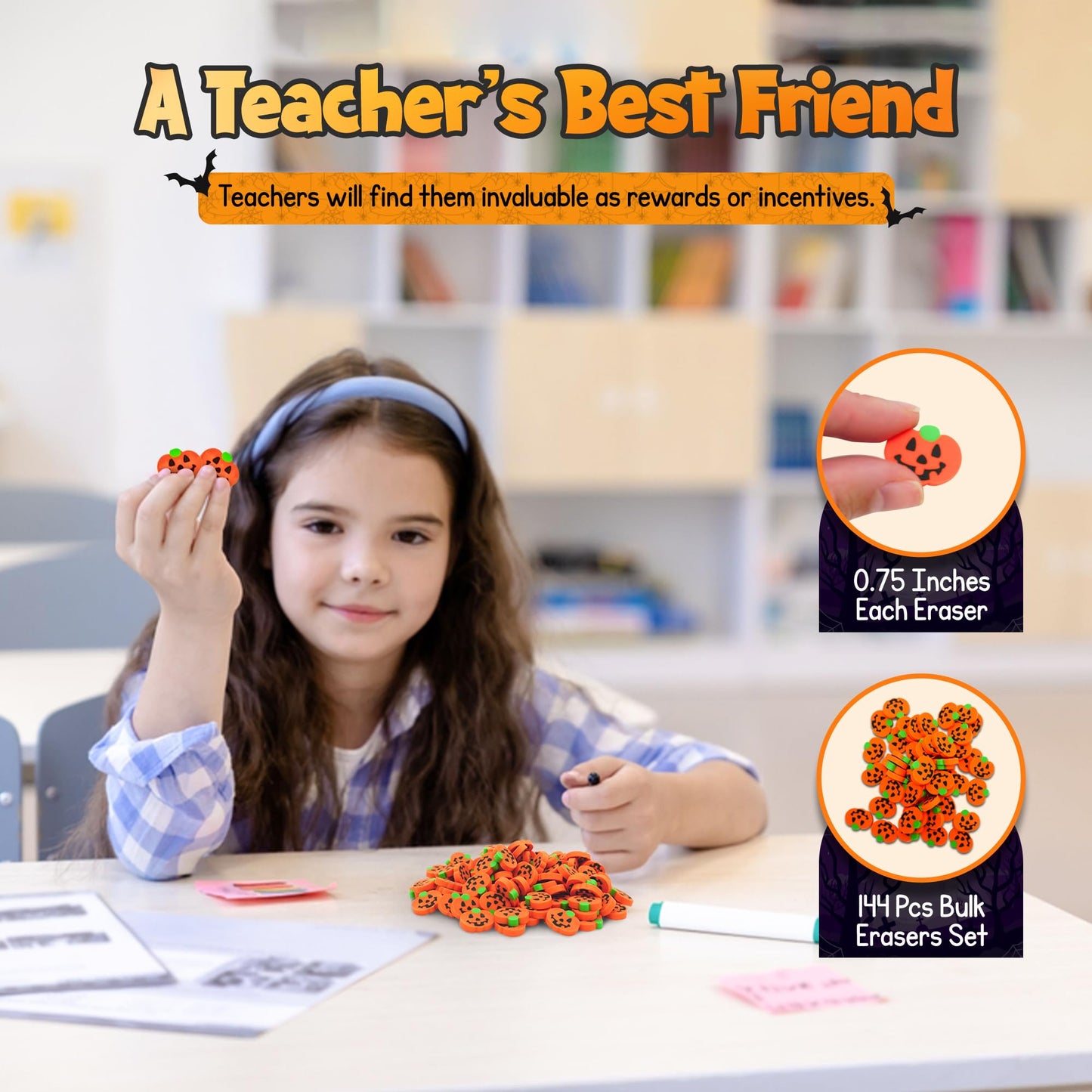 4E's Novelty Mini Pumpkin Erasers Bulk 144 pcs - Fall Halloween Erasers for Kids Bulk, for School, Classroom Reward Prize, Trick or Treat, Trick or Treat Halloween Non Candy Treats