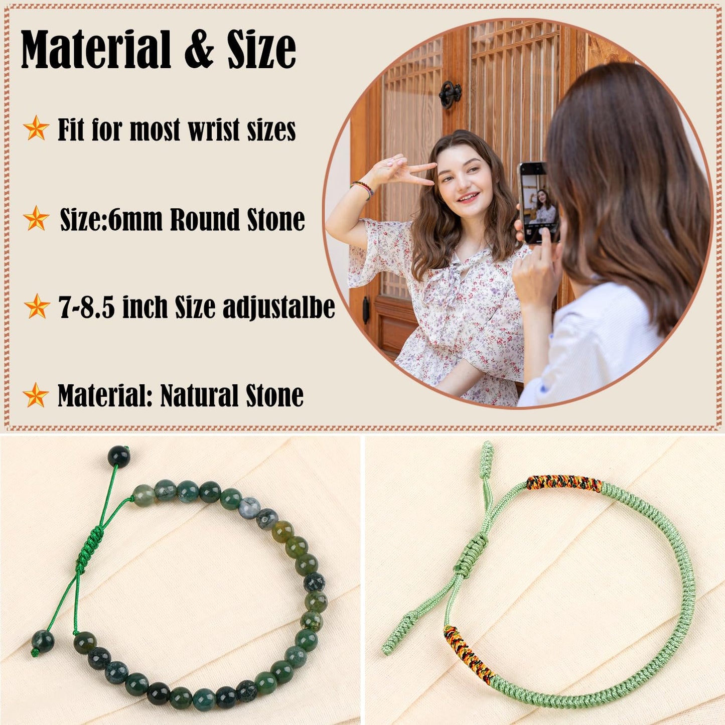 LPBeads 6mm Moss Agate Bracelet with Handmade Rope Bracelet Size Adjustable Natural Stone Crystal Healing Bracelets Gifts for Unisex Adults