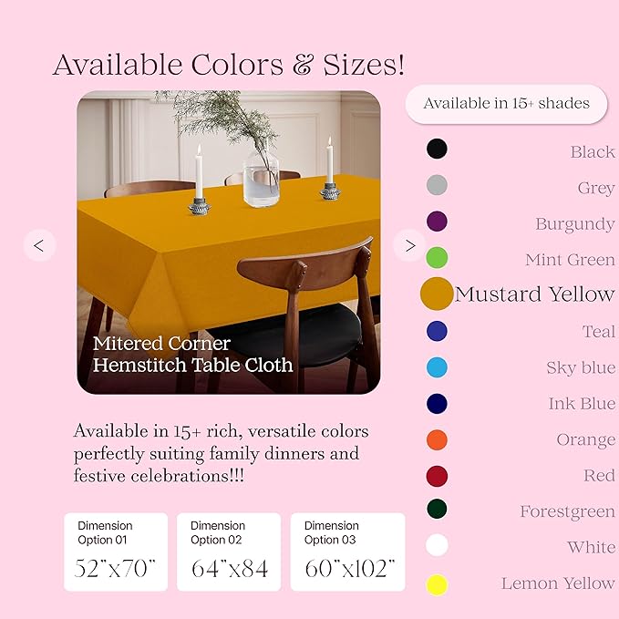 Mustard Yellow Cotton Tablecloth, Table Cloth 52x70 Inch, Fits 4-6 Seats, Soft, Durable, Washable, Wrinkle Resistant, Rectangle Table Cover for Dining, Summer, Festive Meals, Decor