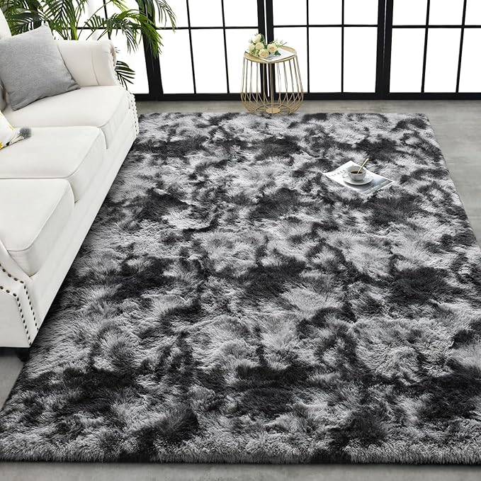 TWINNIS Super Soft Shaggy Rugs Fluffy Carpets 8x10 Feet, Indoor Modern Plush Area Rugs for Living Room Bedroom Kids Room Nursery Home Decor, Upgrade Anti-Skid Fuzzy Rug, Black and Grey