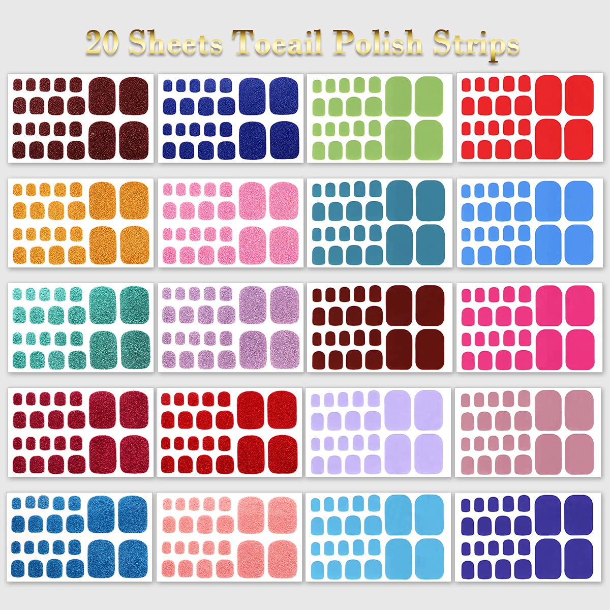 SILPECWEE 20 Sheets Toe Nail Wraps Glitter Solid Toenail Polish Strips for Women Toenail Stickers Gel Nail Strips Self Adhesive Toe Nail Stickers for Nail Art Accessories with Nail File