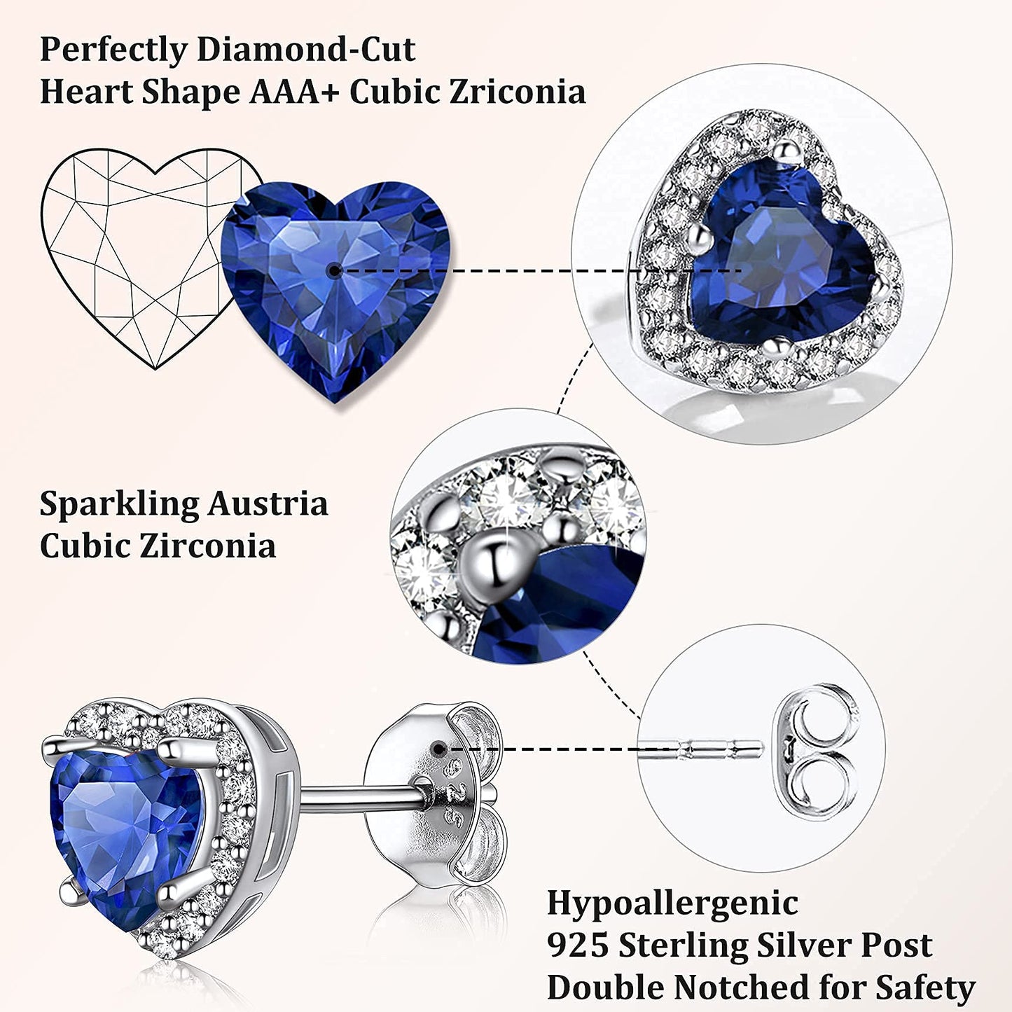 Bestyle Adorable September Sapphire Birthstone Stud Earrings 925 Sterling Silver CZ Heart Gemstone Studs Earrings Great Birthday Gift for Daughter/Wife/Mom/Grandma