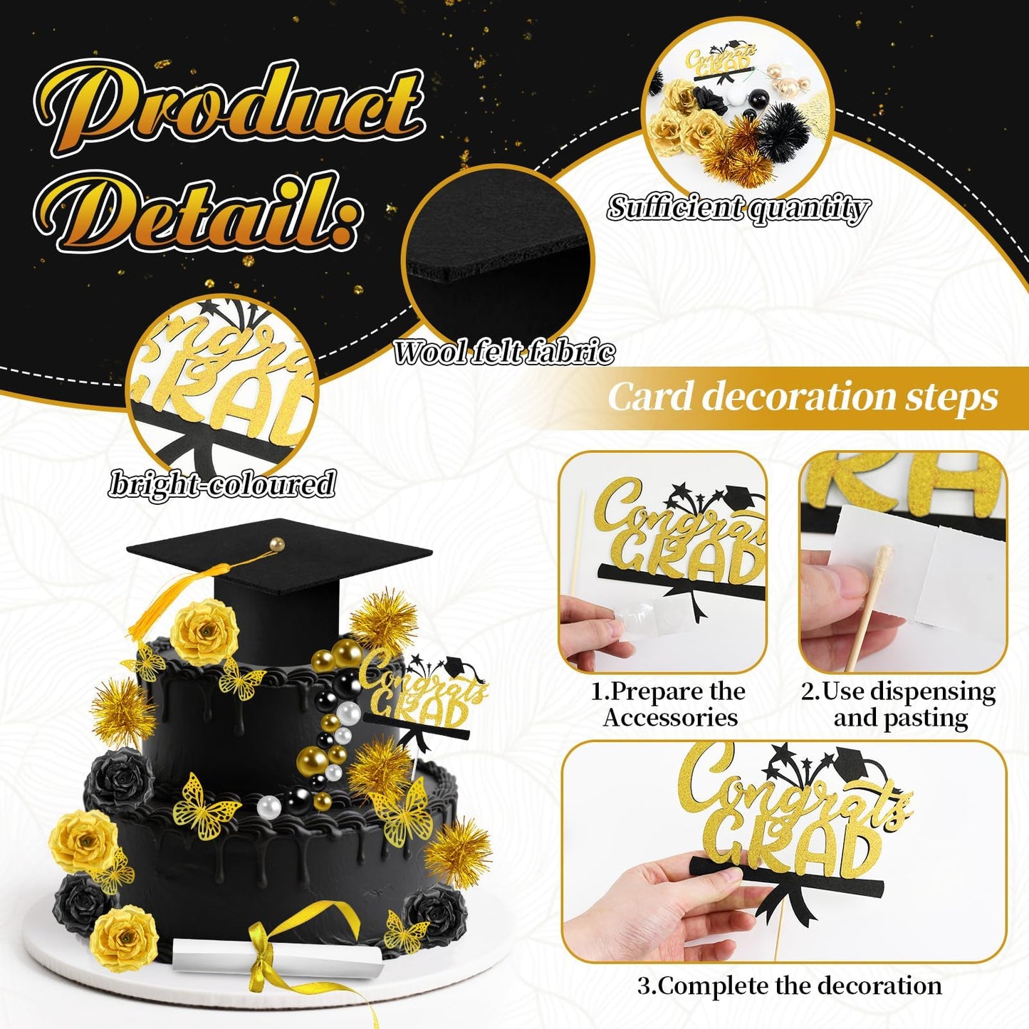 39 Pcs Graduation Cake Kit Includes Felt Graduation Cap Topper with Tassel Firework, 3D Butterfly Decor Beads, Flowers Diploma Cake Decorations, Cake Topper for 2026 Graduate Party (Black Gold).