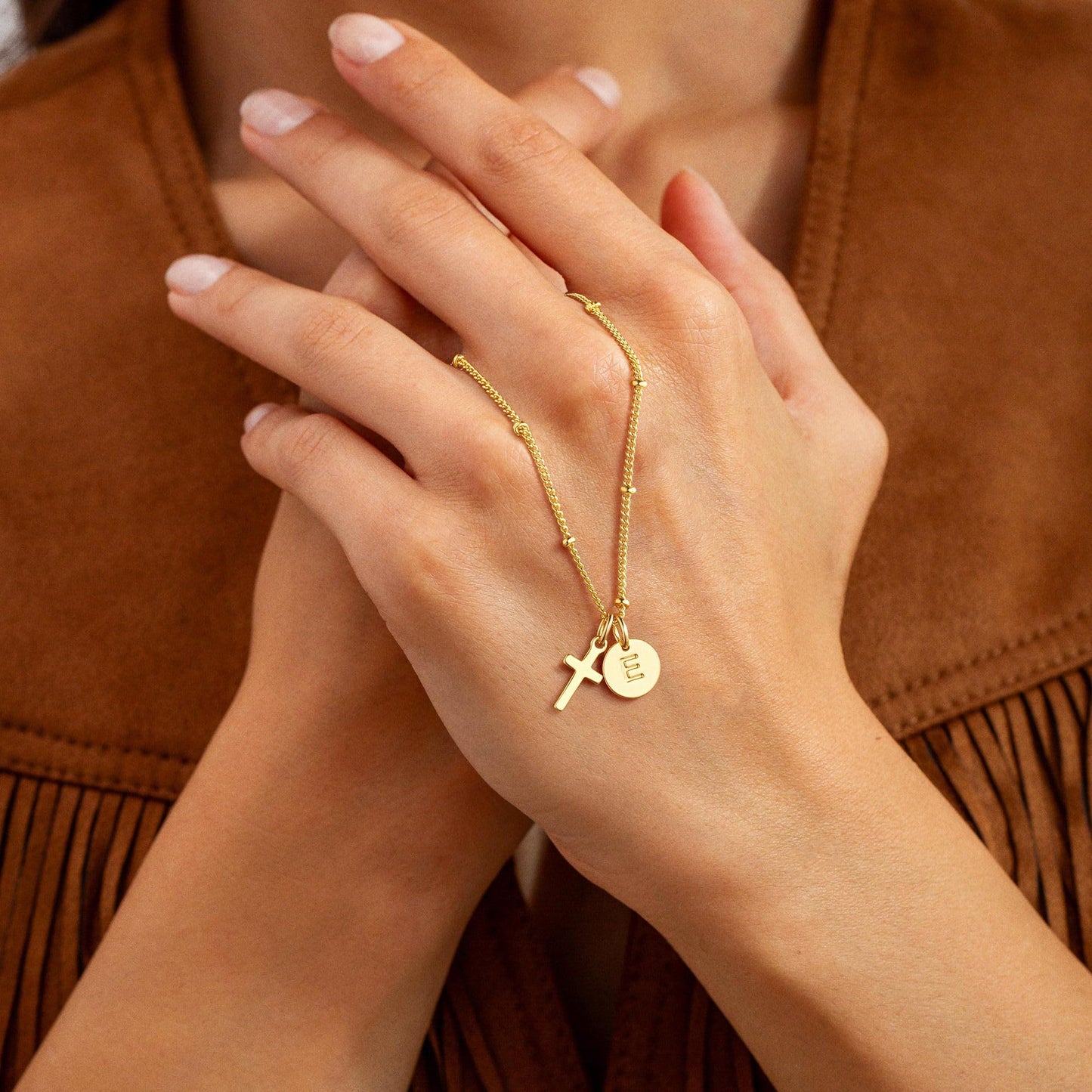 Turandoss Initial Necklace for Women Trendy - Dainty 14K Gold Plated Disc Letter M Cross Pendant Necklace Personalized Faith Jewelry Birthday Mothers Day Gifts for Women