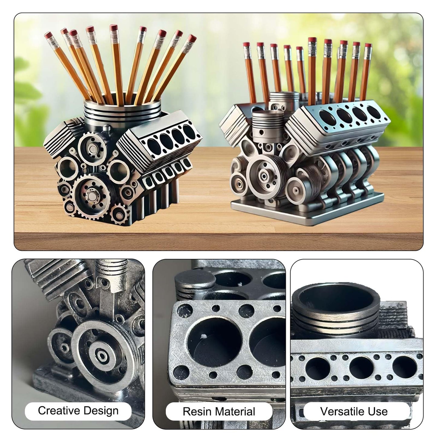 Tizee V8 Engine Model Pen Pencil Holder - Creative Desk Organizer for Home Office| Resin Desktop Stationery Storage with Compartments | Gift for Car Enthusiasts, Mechanics, and Engineers (Silvery-A)