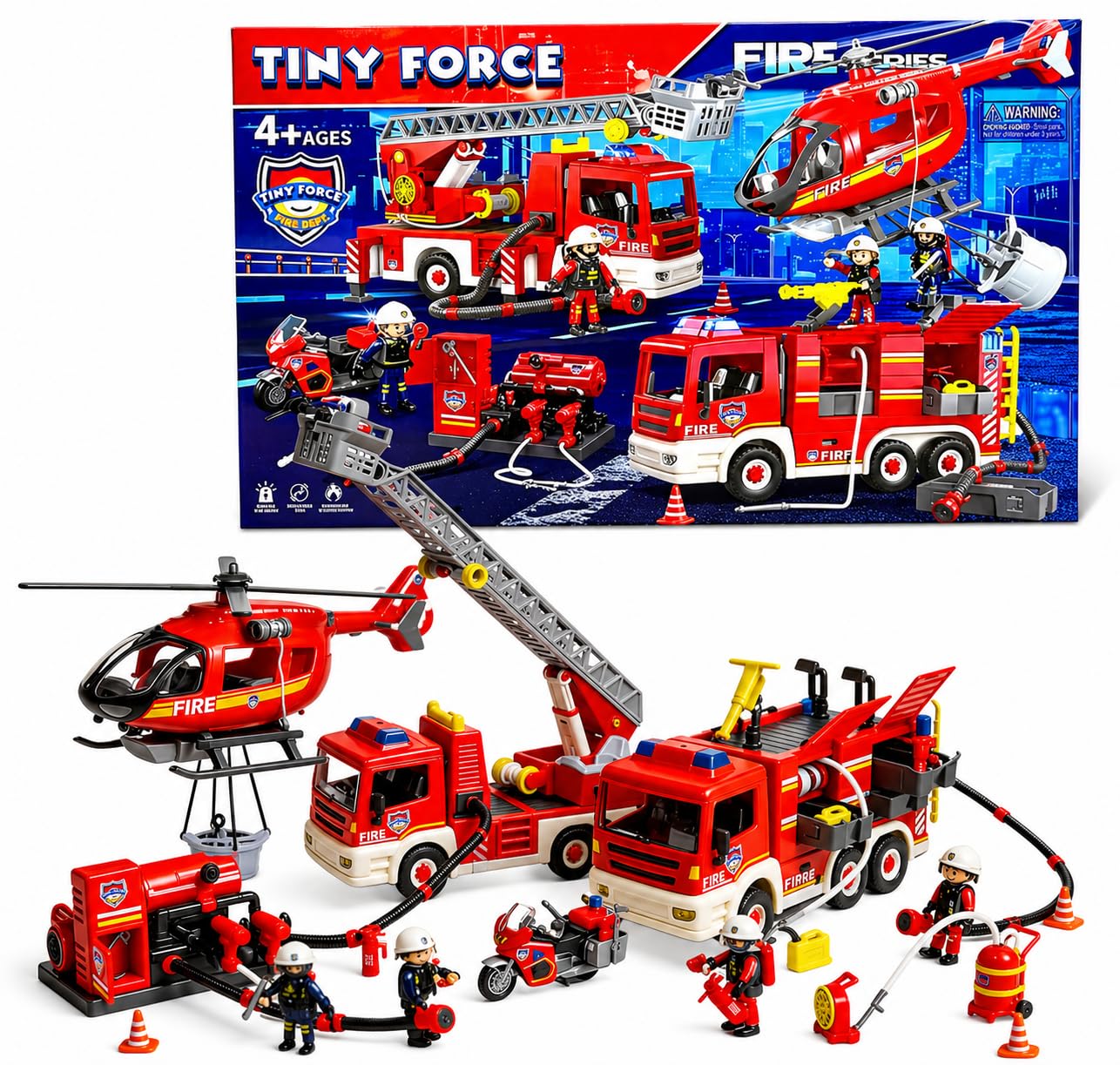 Tiny Force Fire Rescue Set – Fire Truck with Ladder, Toy Helicopter, Motorcycle & Fire Water Pump, Emergency Pretend Play Toys for Kids & Toddlers