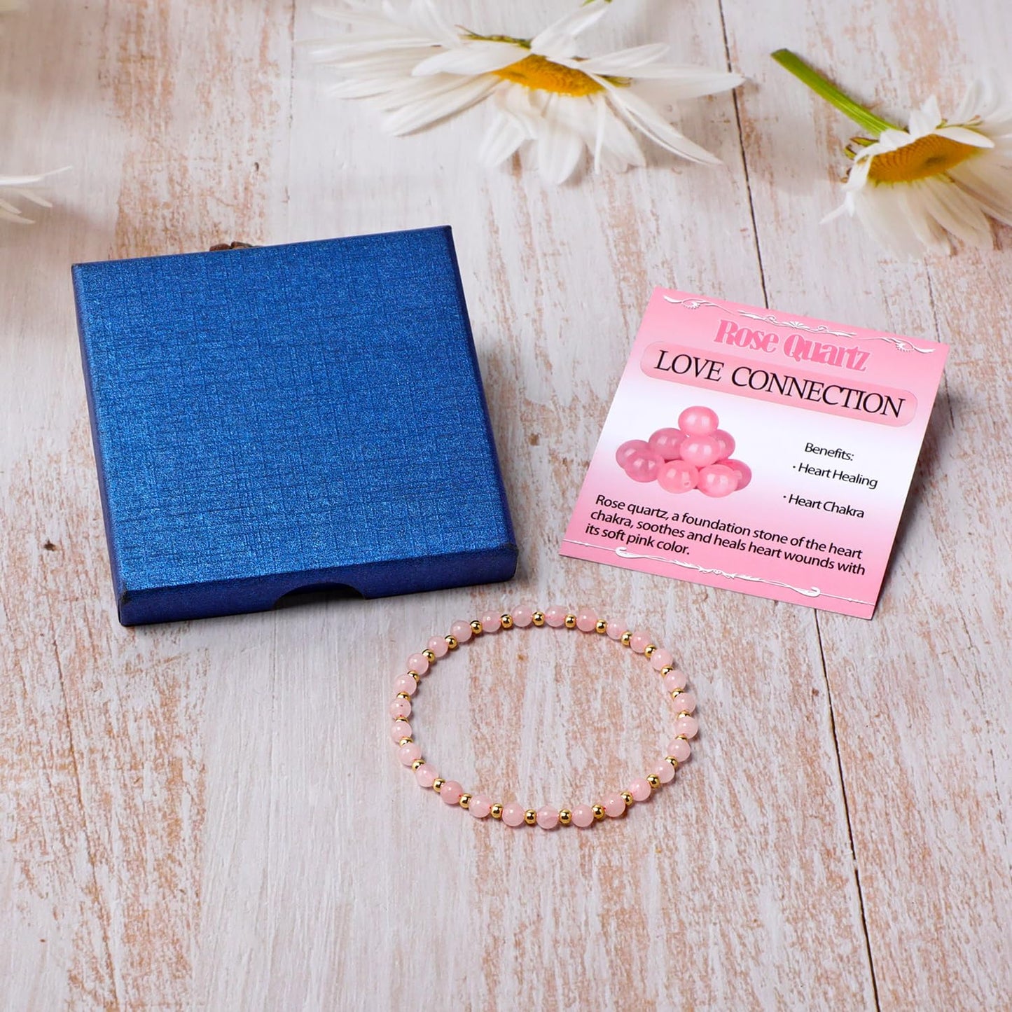 QOGIR Rose Quartz - Love Connection - 14K Gold Plated Beads Natural Gemstone Stretch Elastic Dainty Healing Beaded Bracelets Gifts 4mm