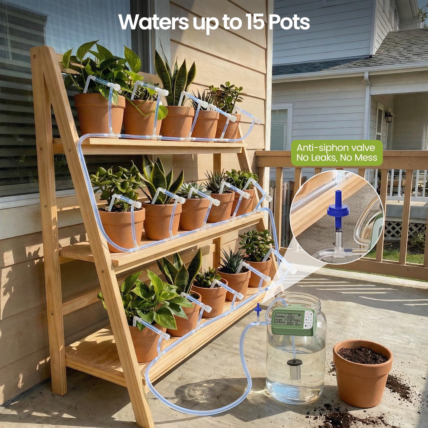 Garden Drip Irrigation System Timed Watering, Programmable Solar Water Drip for 15 Plants, Drip Irrigation Kit with 33FT 1/4'' Tube, 15x Tee Fitting, 15x Flow Valve, 15x Drip Stake(Battery Powered)