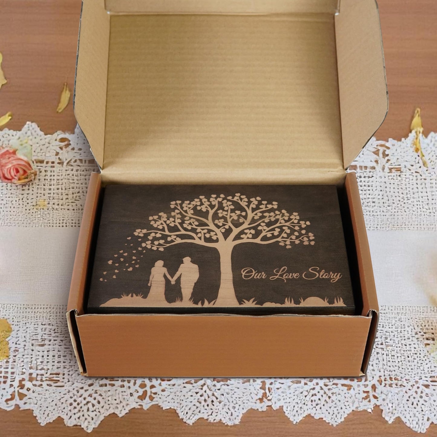 Engraved Wedding Memory Box- Wooden Keepsake Box for Bride & Groom, Letters, Photos, First Anniversary and Valentine’s Day Gift, Personalized Rustic Storage, Medium Size, Dark Walnut - 8.5 x 6 x 3 in