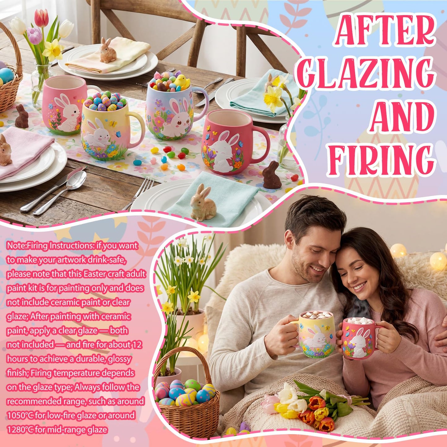 Zubebe 4 Sets Easter Paint Your Own Mugs Craft Kit, Bunny Ceramic to Paint, DIY Mugs for Adults, Festive Coffee Tea Cup for Adults with Painting Set for Easter Basket Stuffers Family Party Favors Gift