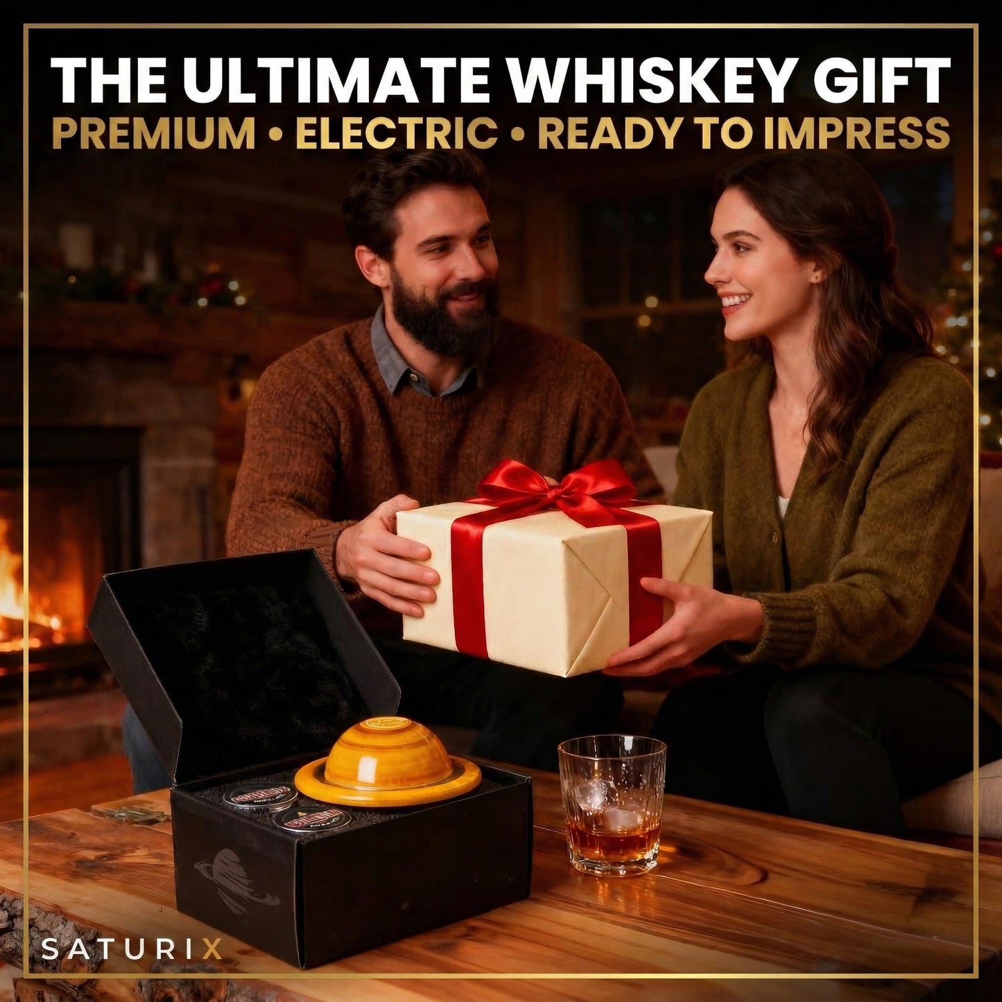 SATURIX Electric Cocktail Smoker Kit - Rechargeable Whiskey Smoker with 6 Wood Chip Flavors, Flame-Free, USB-C Charging, Old Fashioned & Bourbon Gift Set for Men, Husbands & Dads