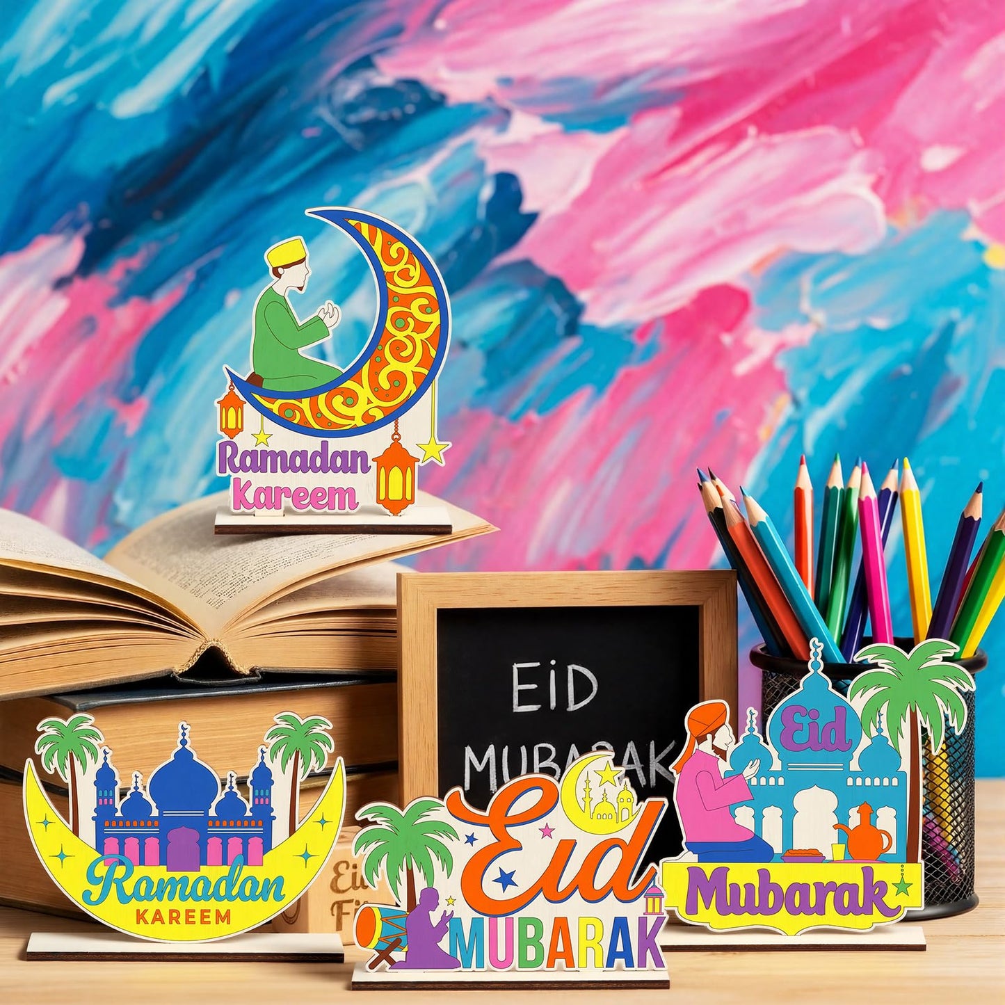 DoubleFill 16 Pcs Wooden Islamic Crafts, DIY Mubarak Tabletop Signs with Paint Strips and Brushes, Paint Your Own Muslim School Classroom Art Activity Kit for Mosque Party Home Decor, Back to School