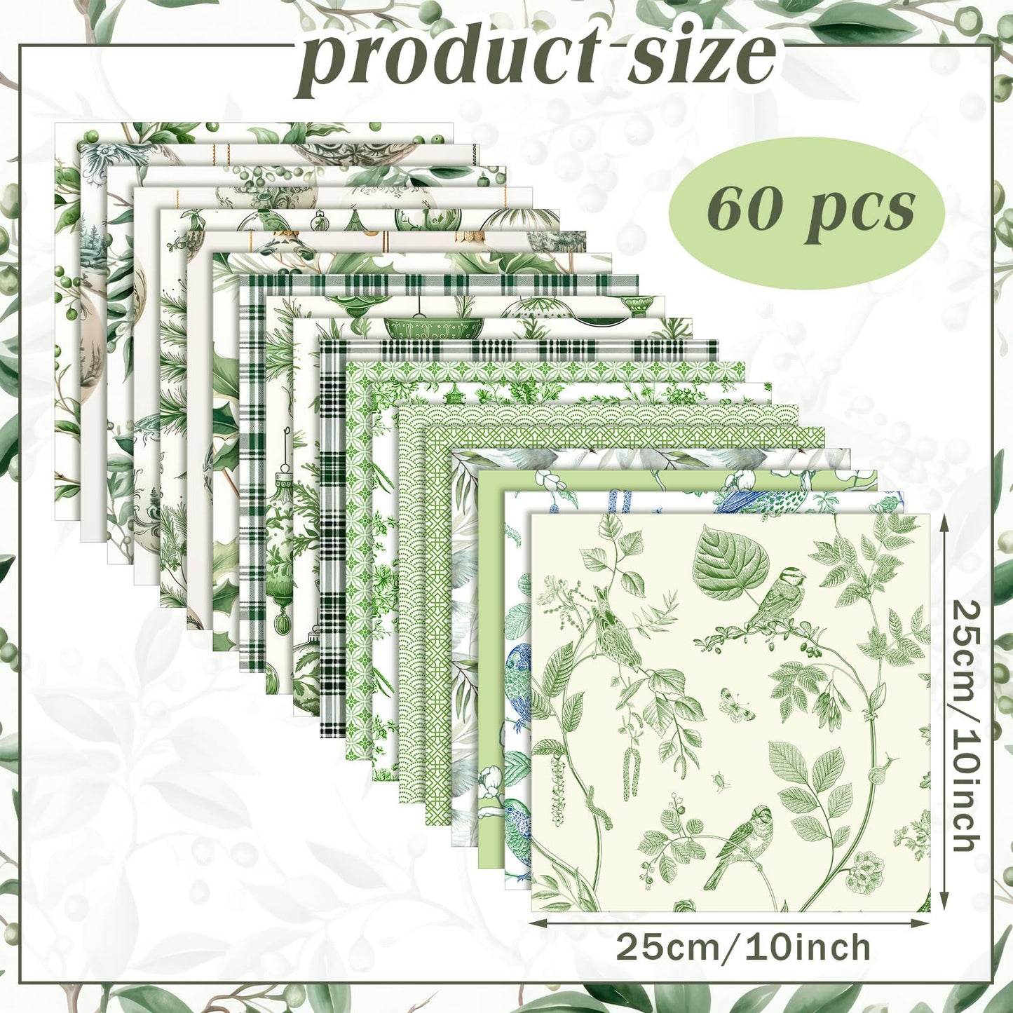 Oudain 60 Pcs 10 x 10 Inch Green Chinoiserie Quilting Fabric Squares Christmas Sage Greenery Fat Patchwork Precuts Pagoda Porcelain Plaid Fabric Bundles for Xmas DIY Craft Sewing Handmade Material