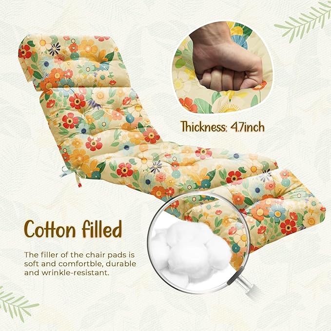 Outdoor Chaise Lounge Chair Cushion 75.1 x 22.8 x 4.7 Inches 100% Waterproof Replacement Cotton Patio Pool Lounge Chair Cushion for Outdoor Furniture with Ties, Daisy