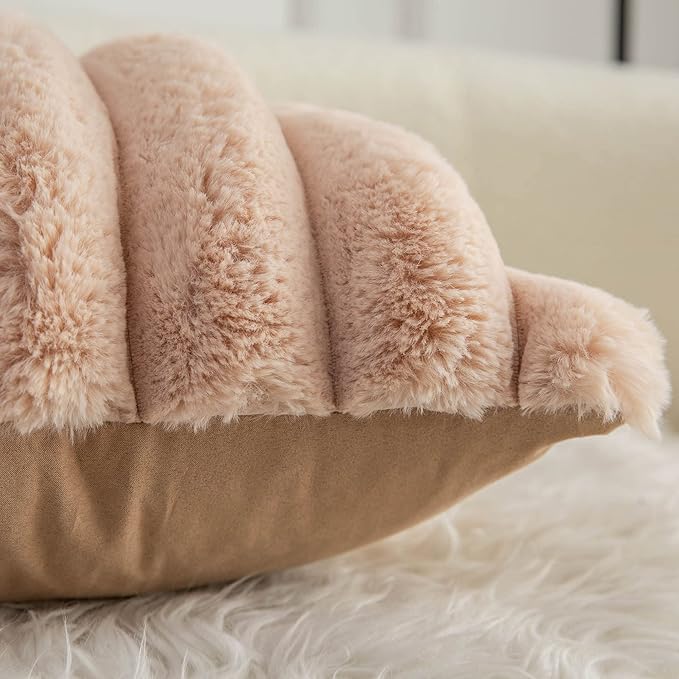 Neelvin Camel Faux Fur Cozy Soft Striped Decorative Throw Pillow Covers 26x26 inch Set of 2,Velvet Pillowcase Cushion Case for Sofa Couch