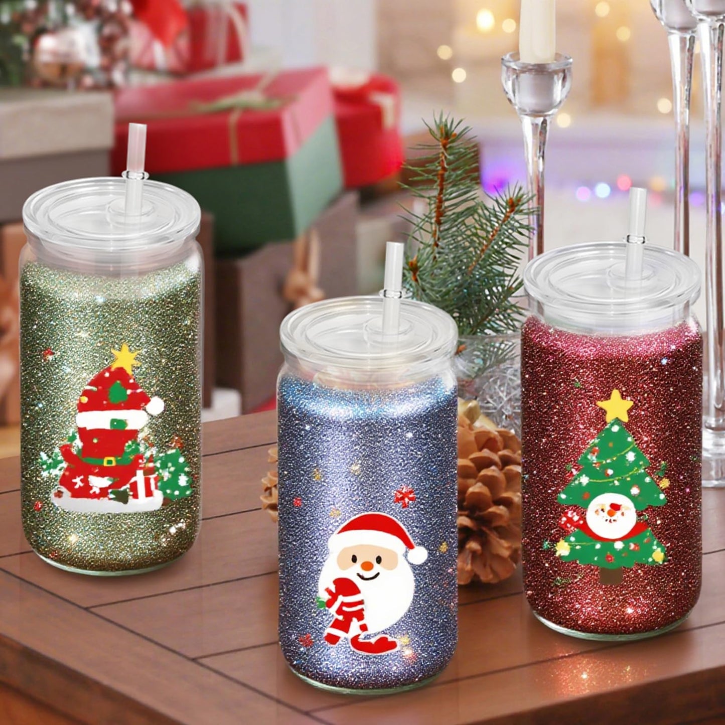 AZEAM 8 PCS Plastic Snow Globe Tumbler,16 oz Double Wall Tumbler with Pre Drilled Hole,Bulk Snow Globe Cups with Clear Lip and Straw,DIY Glitter Snowglobe(No gold powder)