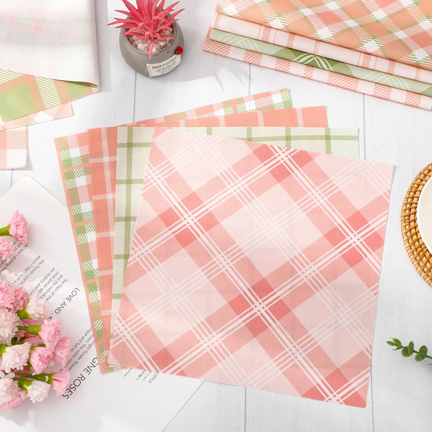 JarThenaAMCS 36Pcs Summer Buffalo Plaid Fabric Squares Cotton Fabric Bundles Small Pastel Pink Green Plaid Sewing Fabrics for DIY Craft Party Decor, 10 x 10 Inch