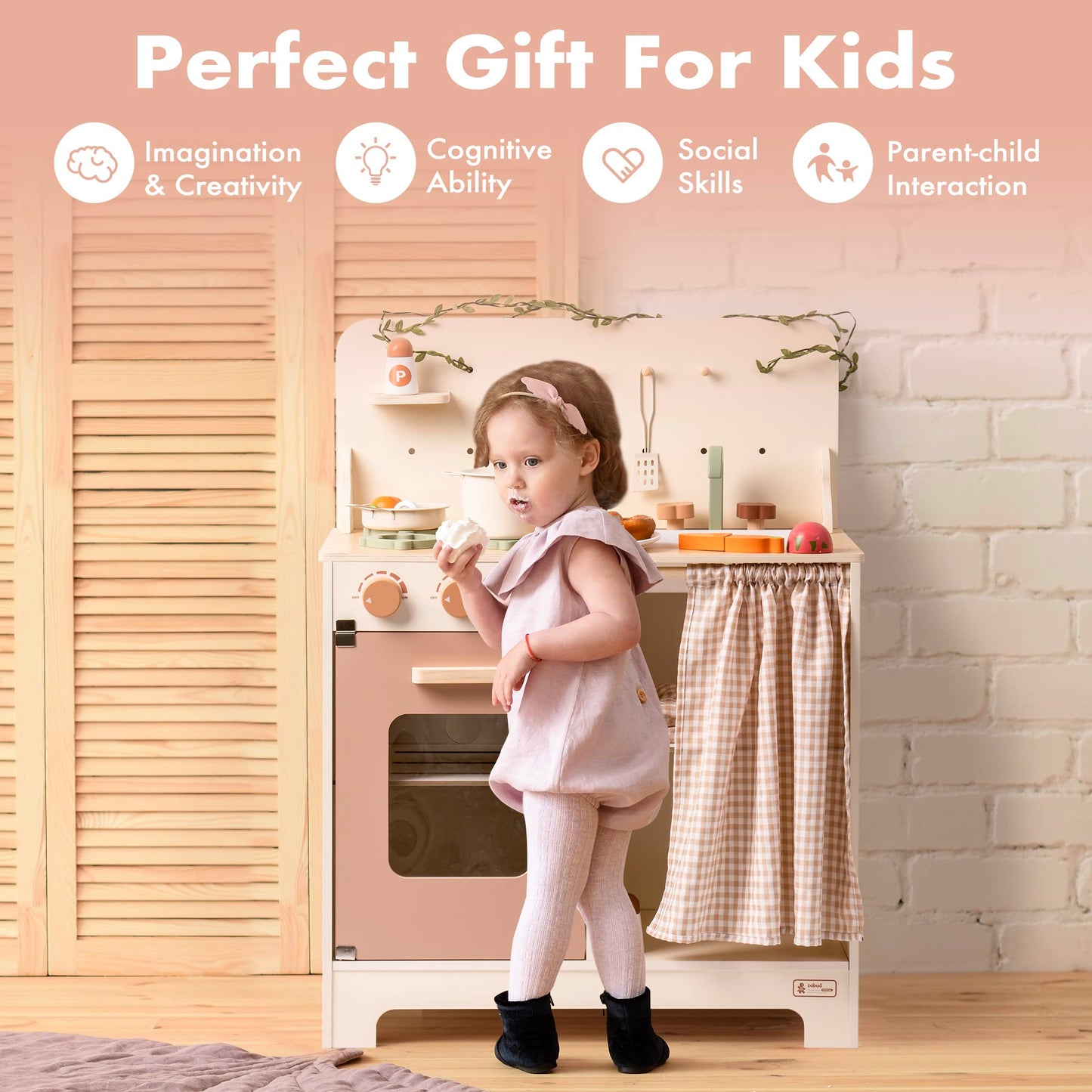 ROBOTIME Play Kitchen with Dishes Set, Rustic Wooden Kitchen Pretend Play Kitchen, 29PCS Wooden Toy Plates and Dishes for Kitchen Set for Toddler Boys Girls Gifts
