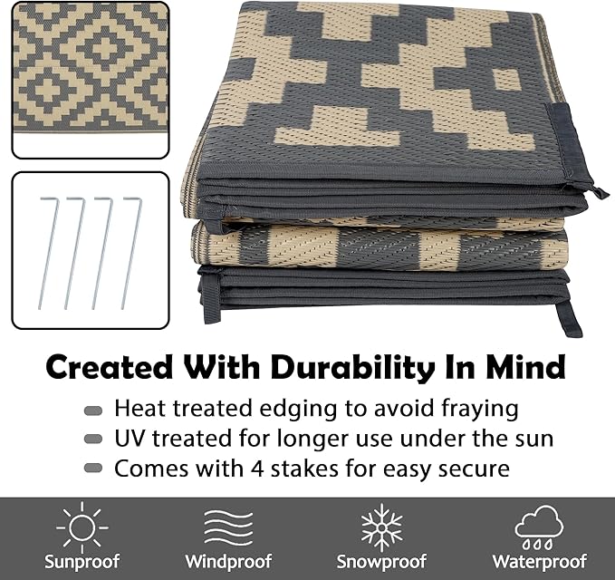 SAND MINE 6 x 9 Ft Reversible Mats, Plastic Straw Rug, Modern Area Rug, Large Floor Mat and Rug for Outdoors, RV, Patio, Backyard, Deck, Picnic, Beach, Trailer, Camping, Grey & Tan