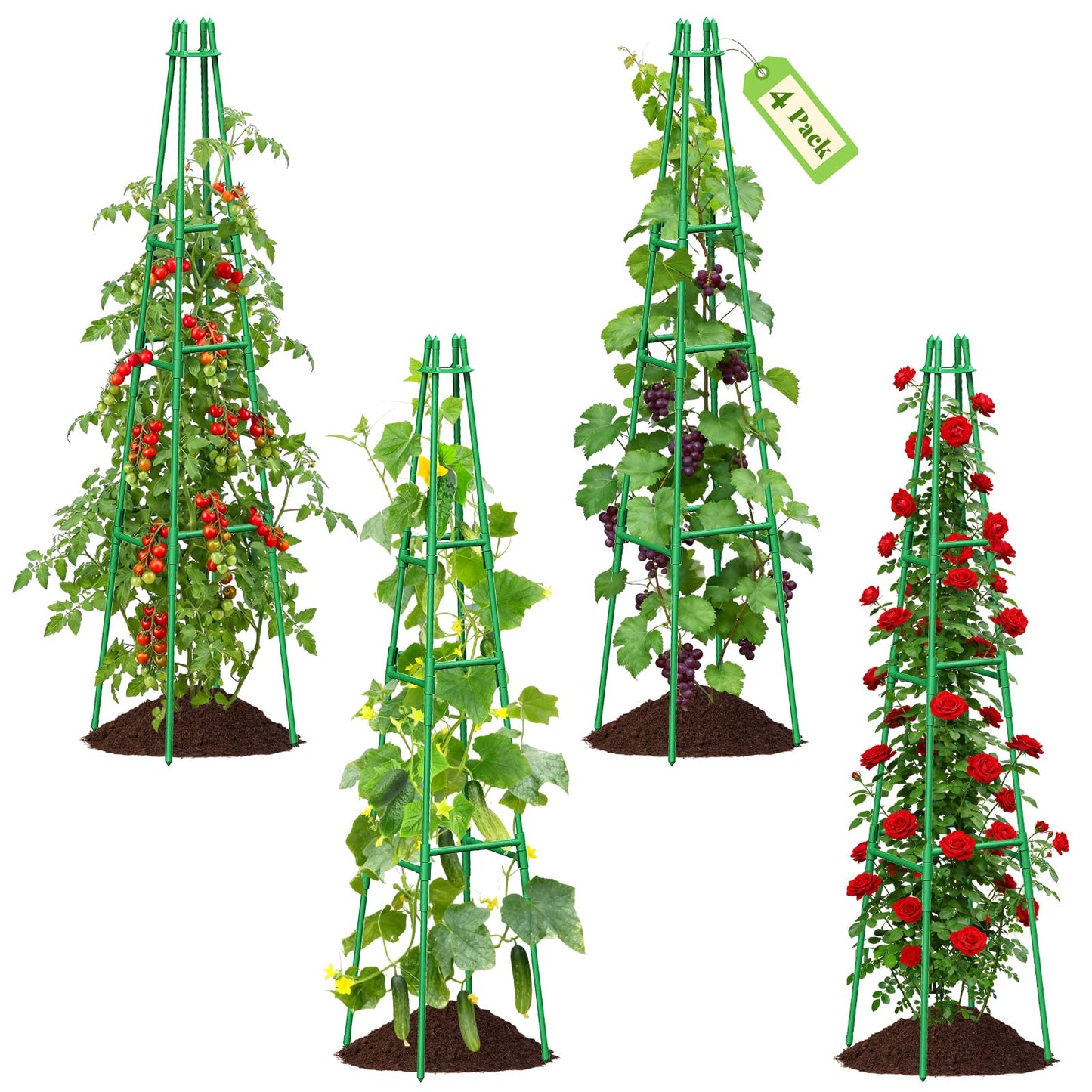 4 Pack 64" Tall Adjustable Obelisk Garden Trellis for Climbing Plants, Rust-Proof Pe Coated Metal Plant Trellis Support for Raised Beds, Potted Vines, Cucumbers, Tomatoes, Indoor Outdoor Use (4 Pack)
