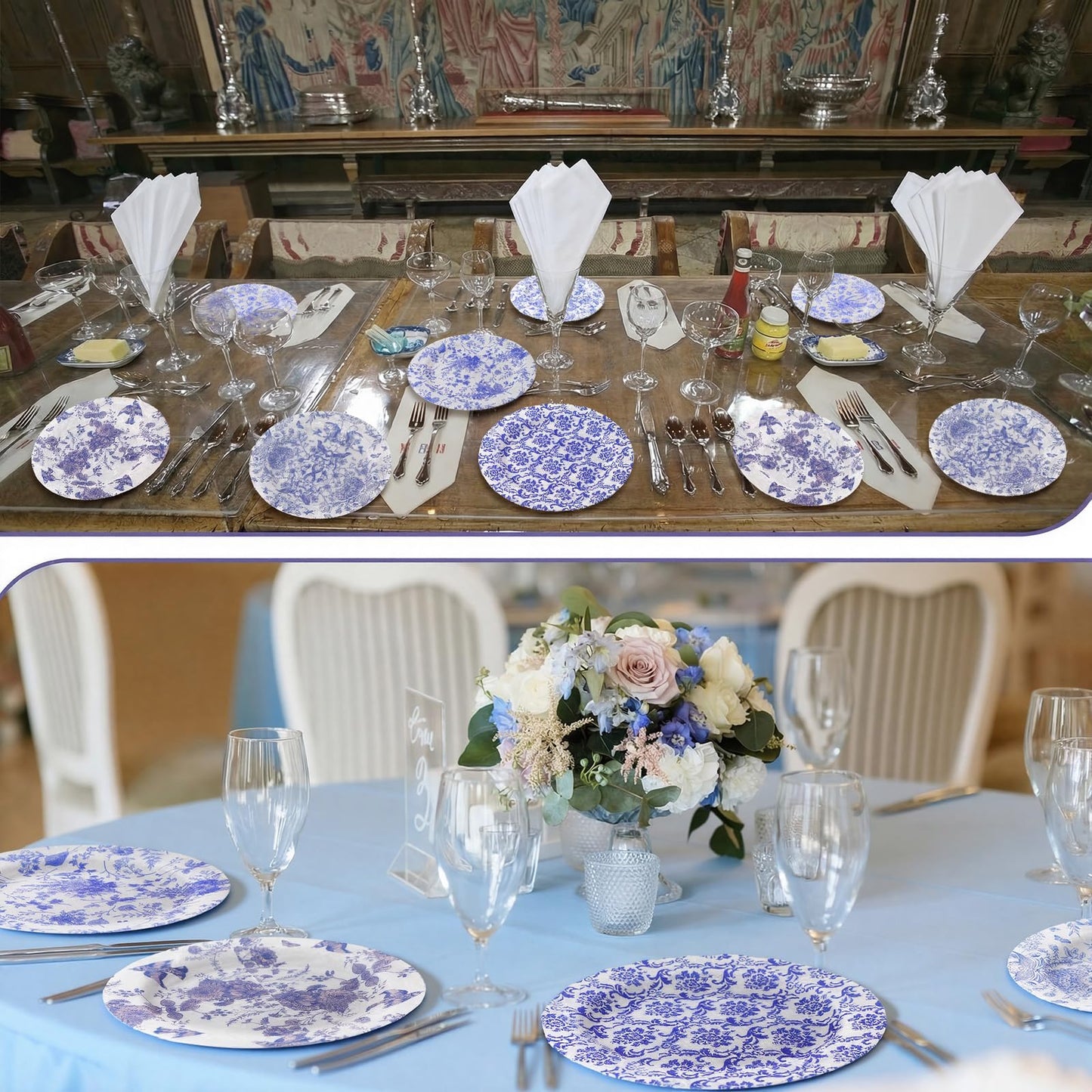 Jinei 20 Set Making Your Own Hostess Plates Painting Kit Decoupage Plastic Plate Blue Floral Decoupage Napkins Glues Brushes for Gatherings Crafts DIY Blue and White Floral Dinner Table Decor