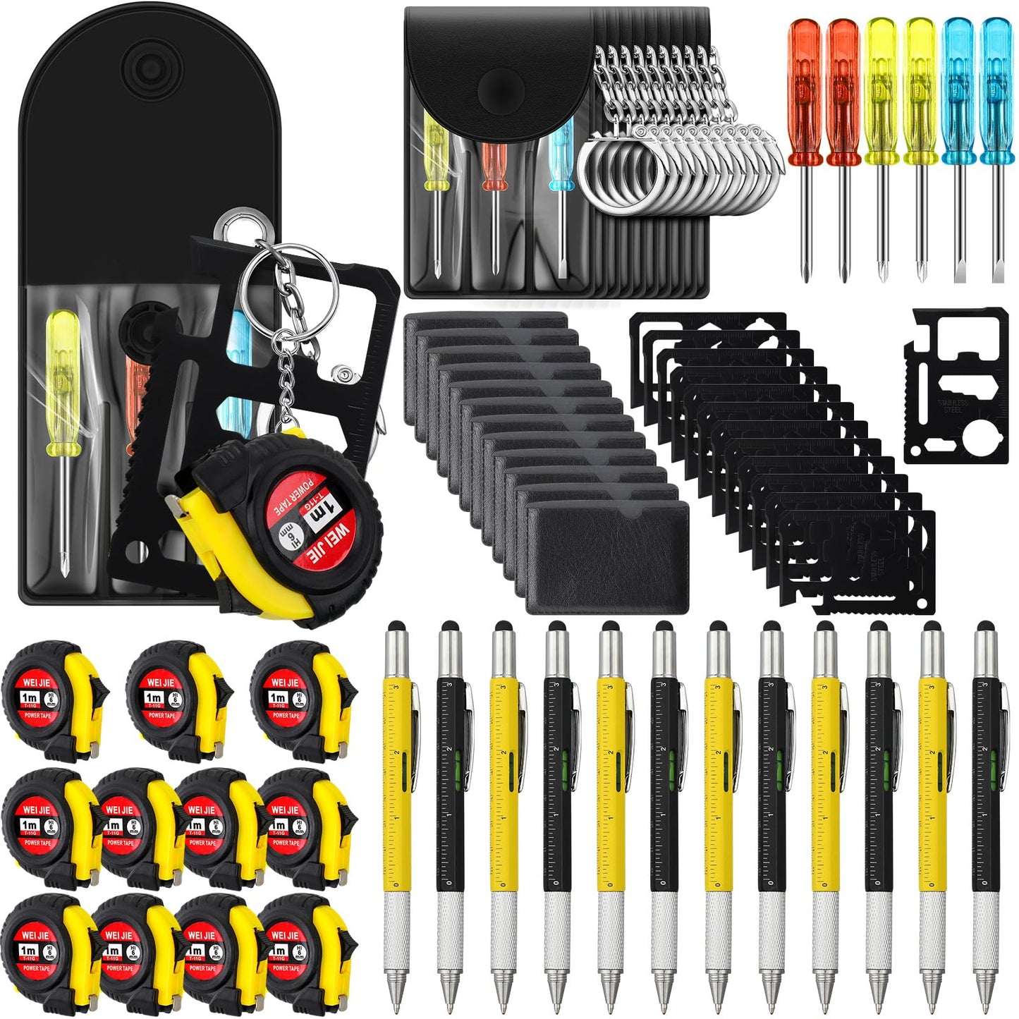 Saysurey 48 Pcs Mini Tape Screwdriver Keychain Set Father's Day Gifts Bulk Men Gifts Bulk Multitool Pen Card for Adult (Yellow,Black)