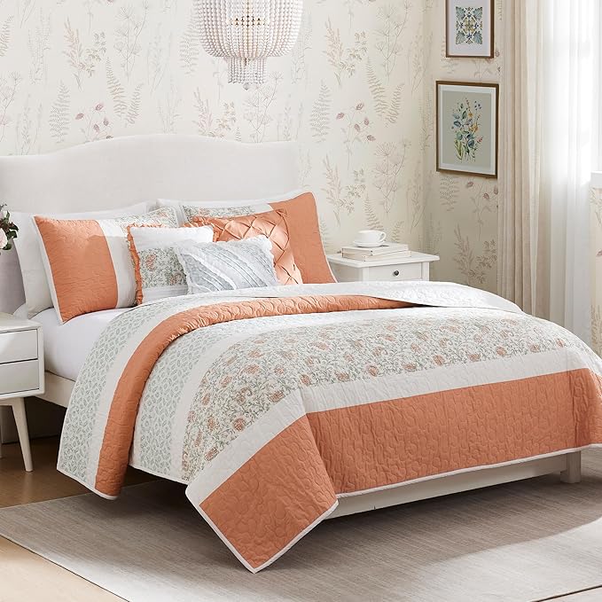 Madison Park 100% Cotton Quilt Set Floral Print, Double Sided Stitching, All Season, Lightweight Coverlet Shabby Chic Bedding Layer, Matching Shams, Full/Queen, Coral 6 Piece