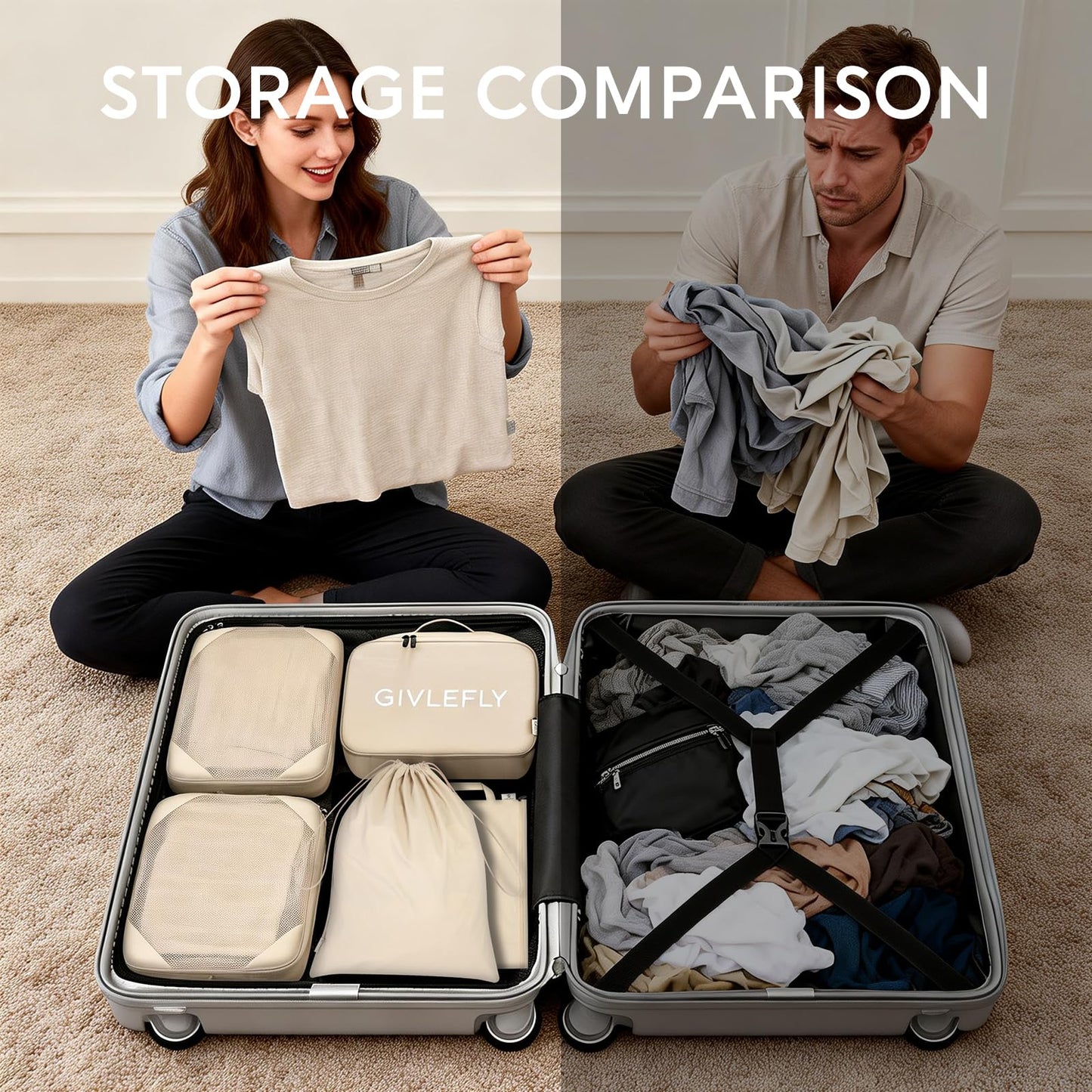 GIVLEFLY 6 Set Compression Packing Cubes for Travel, Lightweight Luggage Organizer Bags, Durable Travel Accessories for Suitcase Organization,Beige