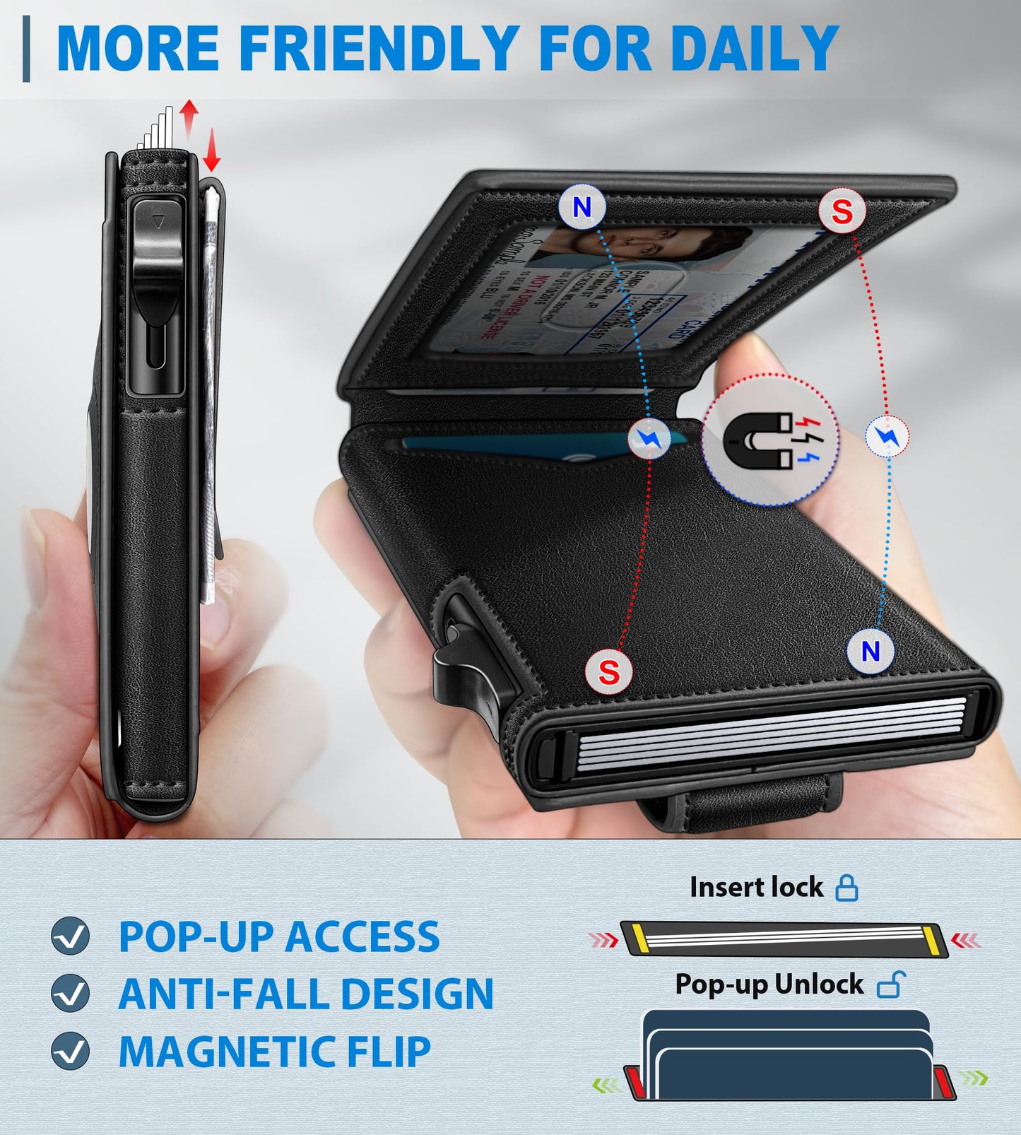 miyozi Airtag Wallet for Men Money Clip 9-Card Pop-Up Credit Card Holder with ID Window RFID Blocking Metal Case Magnetic Closure Front Pocket Wallet Gift Box